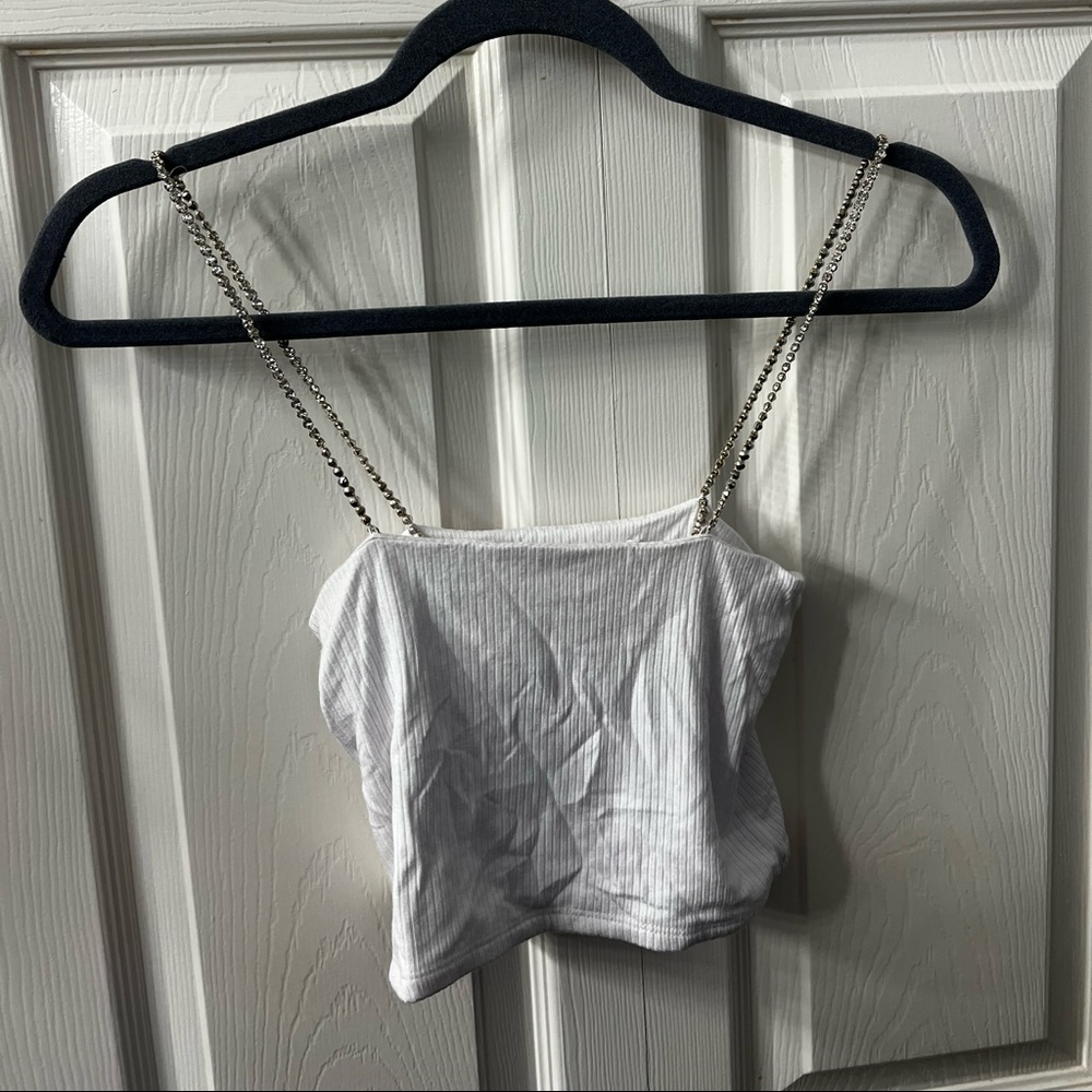 LF Emma & Sam White Crop Top with Rhinestone Straps. Size SMALL. Worn Once.